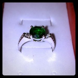 Silver Simulated Emerald and White Zircon Ring